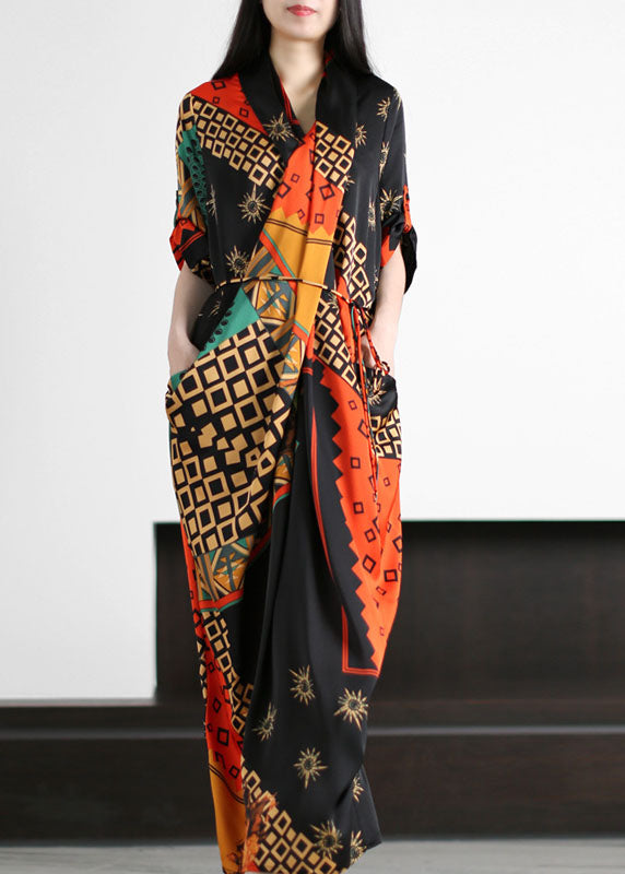 Black Wrinkled Tie Waist Patchwork Silk Long Dresses Summer