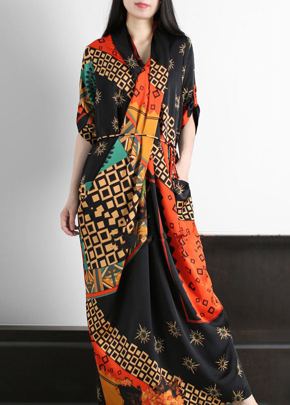 Black Wrinkled Tie Waist Patchwork Silk Long Dresses Summer