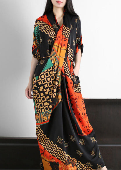 Black Wrinkled Tie Waist Patchwork Silk Long Dresses Summer