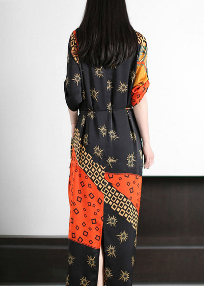 Black Wrinkled Tie Waist Patchwork Silk Long Dresses Summer