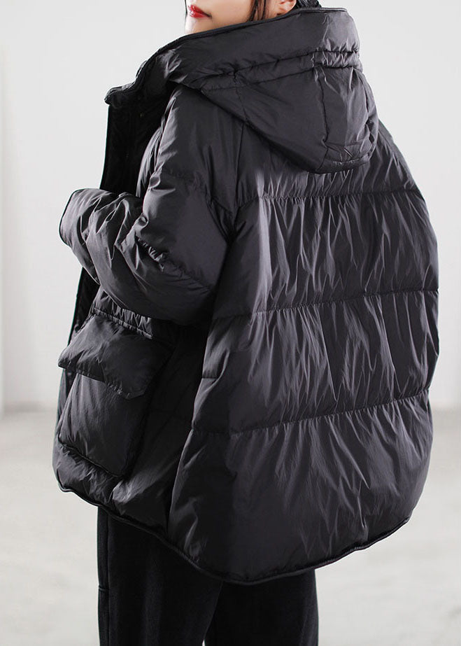 Black Zip Up Drawstring Duck Down Winter Coats
