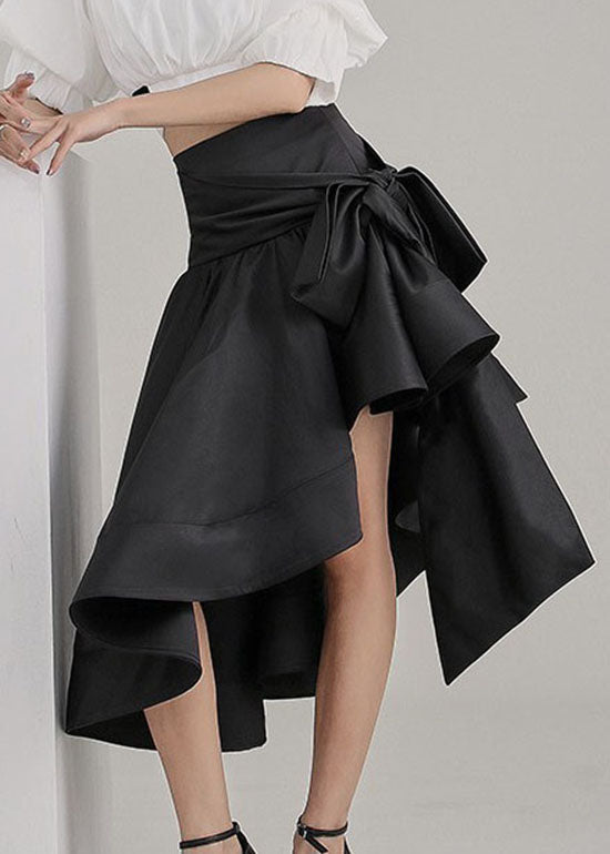 Black Tie Waist Asymmetrical Satin Pleated Skirt Spring