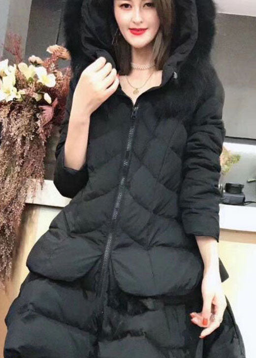 Black Zippered Fox Collar Winter Duck Down Winter Coats