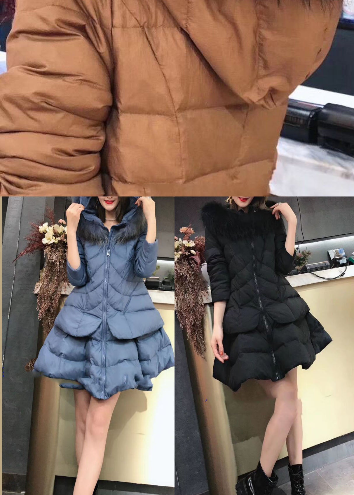 Black Zippered Fox Collar Winter Duck Down Winter Coats