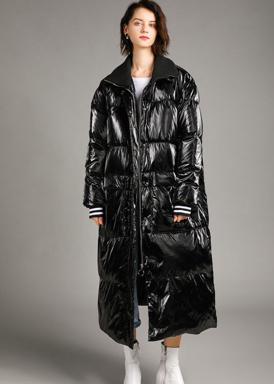 Black Zippered Pockets Long Winter Duck Down Coat