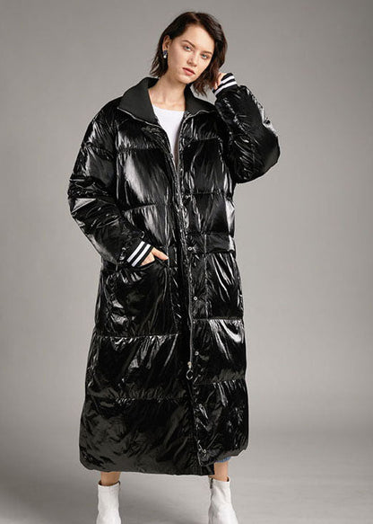 Black Zippered Pockets Long Winter Duck Down Coat