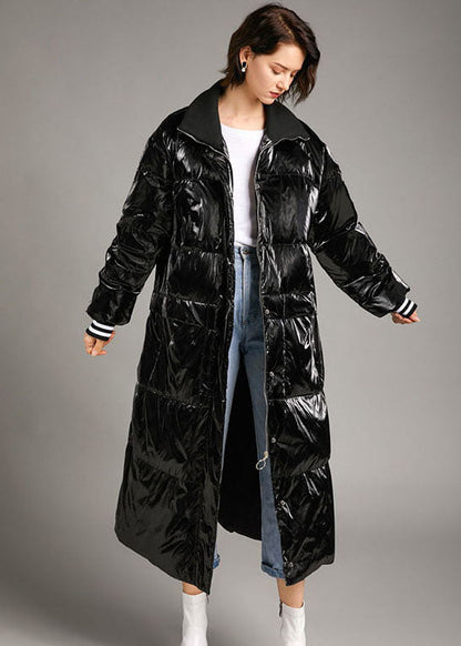 Black Zippered Pockets Long Winter Duck Down Coat