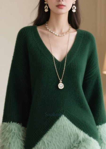 Blackish Green Oversized Patchwork Faux Fur Knitwear Dress Winter