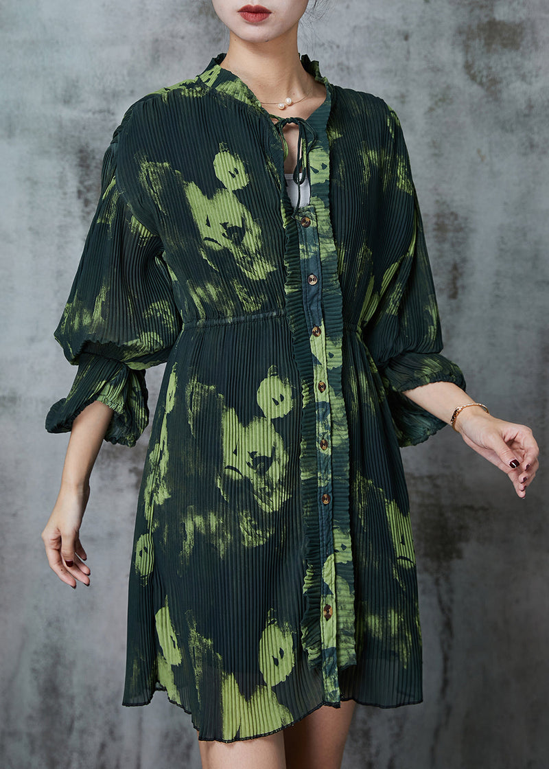 Blackish Green Tie Dye Pleated Dress Spring