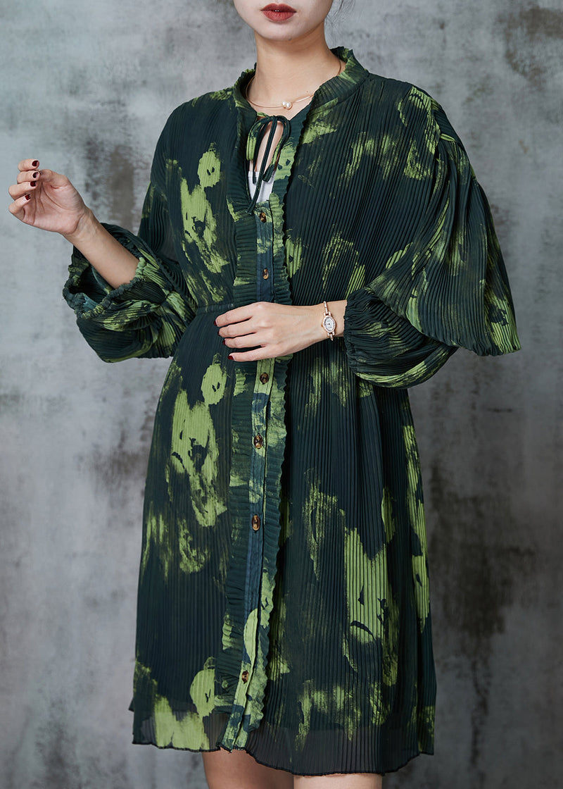 Blackish Green Tie Dye Pleated Dress Spring