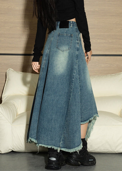 Blue Asymmetrical Design Tasseled Denim Skirts Spring