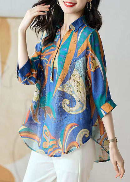 Blue Button Zircon Patchwork Chiffon Shirt Tops Bracelet Sleeve