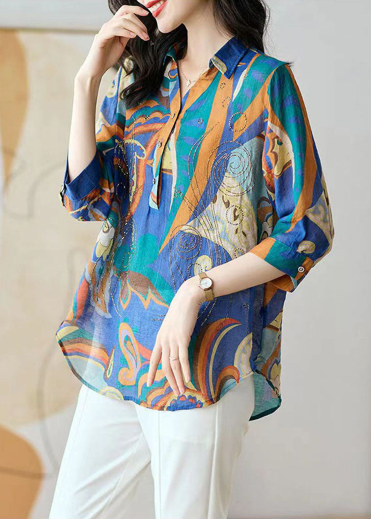 Blue Button Zircon Patchwork Chiffon Shirt Tops Bracelet Sleeve