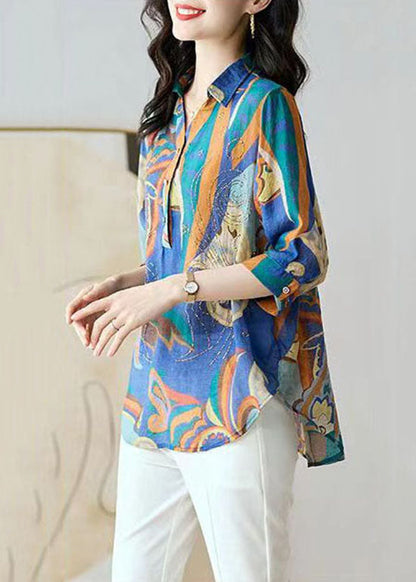 Blue Button Zircon Patchwork Chiffon Shirt Tops Bracelet Sleeve