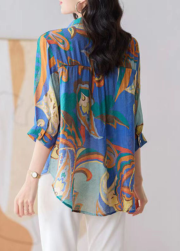 Blue Button Zircon Patchwork Chiffon Shirt Tops Bracelet Sleeve