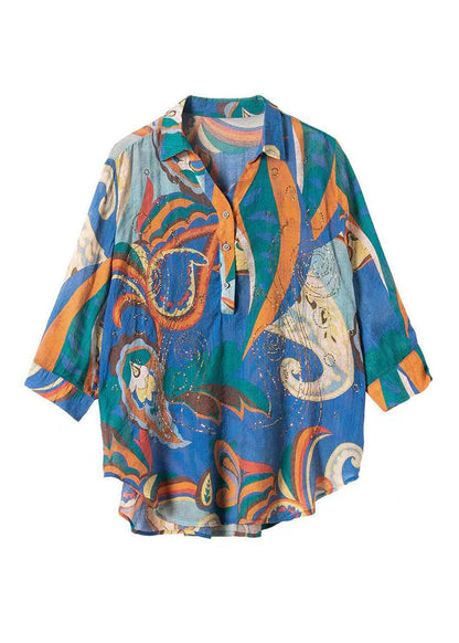 Blue Button Zircon Patchwork Chiffon Shirt Tops Bracelet Sleeve
