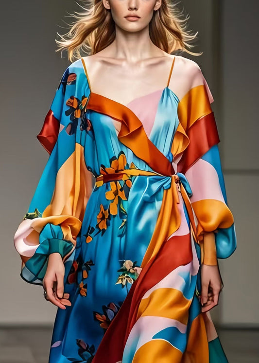 Blue Cinched Print Silk Robe Dresses Spring