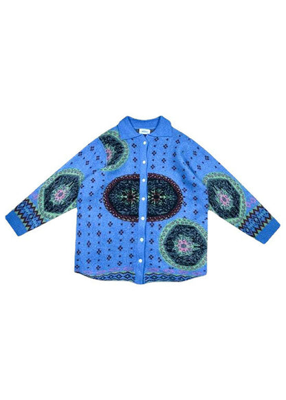 Blue Retro Button Print Fall Knit Sweater Coat