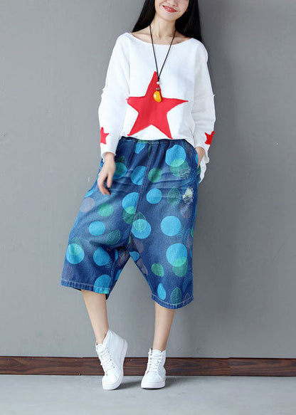 Blue Elastic Waist Dot Print Cotton Wide Leg Crop Pants Summer