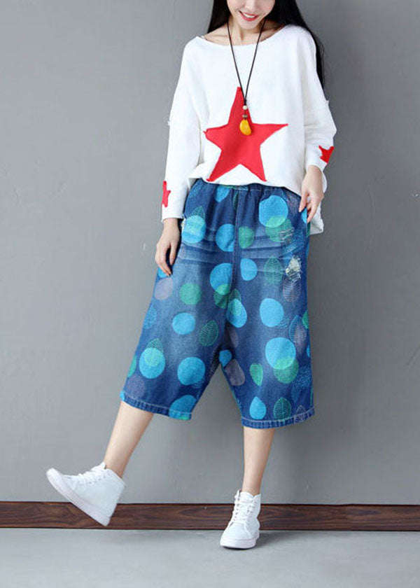Blue Elastic Waist Dot Print Cotton Wide Leg Crop Pants Summer