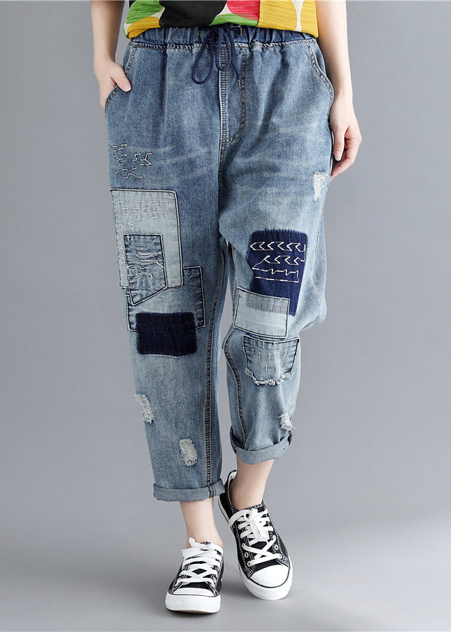 Blue Elastic Waist Patchwork Applique Denim Pants Spring