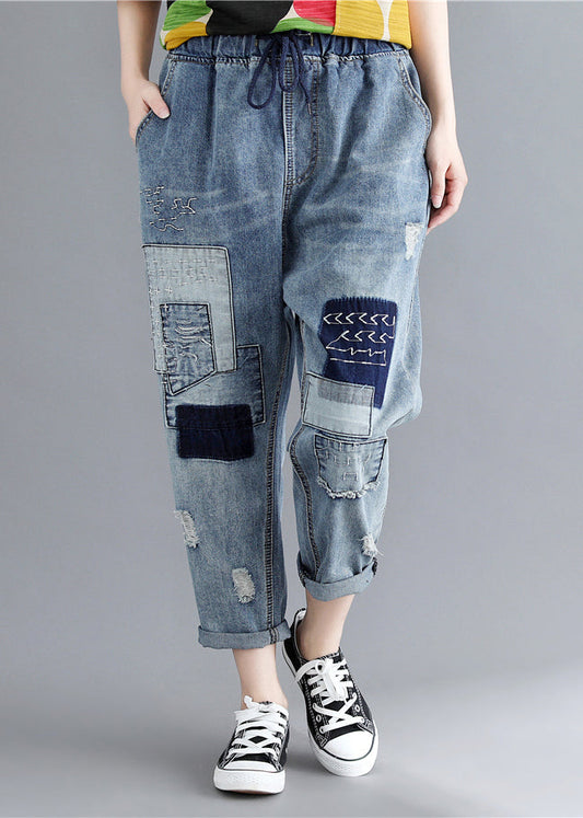 Blue Elastic Waist Patchwork Applique Denim Pants Spring