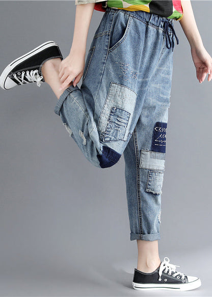 Blue Elastic Waist Patchwork Applique Denim Pants Spring