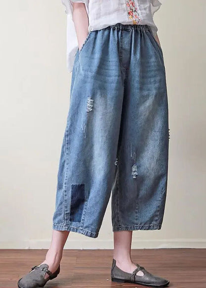 Blue Elastic Waist Pockets Patchwork Applique Hole Cotton Crop Pants Summer