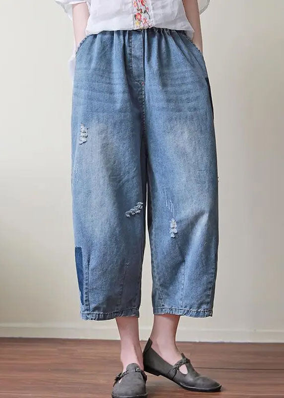 Blue Elastic Waist Pockets Patchwork Applique Hole Cotton Crop Pants Summer