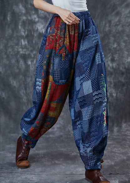 Blue Embroidered Print Cotton Pants Summer