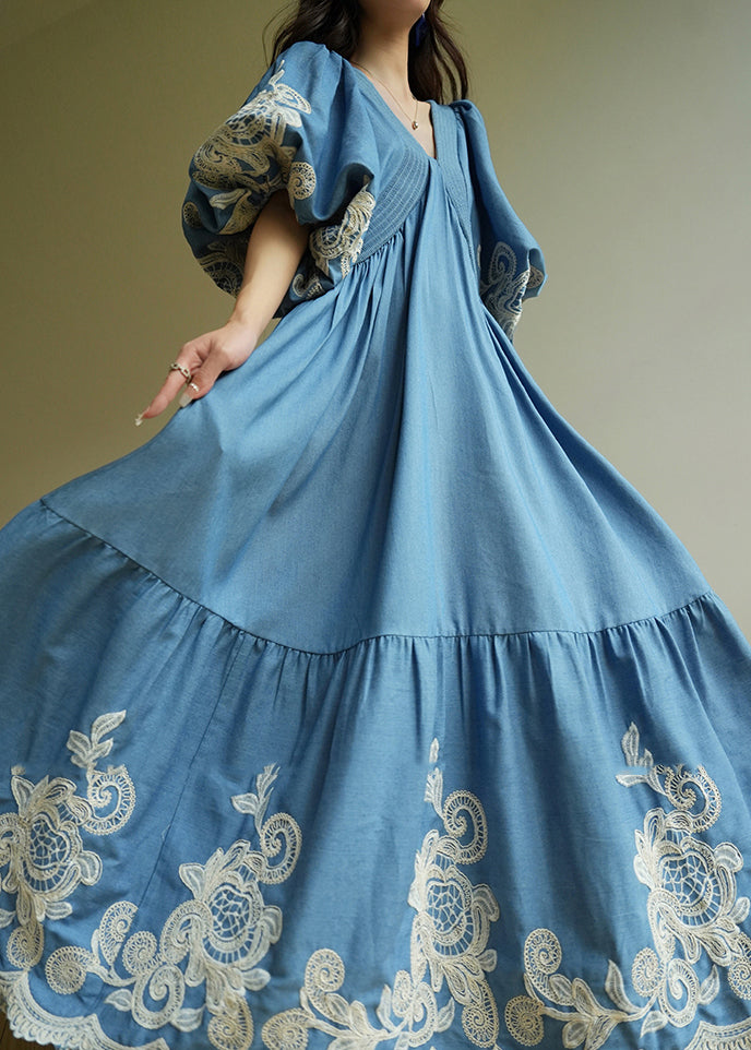Blue Embroidered Vacation Maxi Dresses Summer