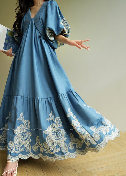 Blue Embroidered Vacation Maxi Dresses Summer