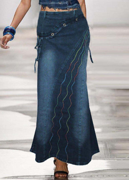 Blue Embroideried Patchwork Denim Skirts Summer