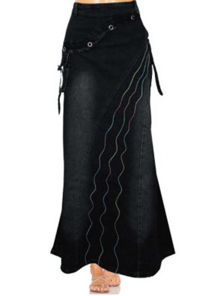 Blue Embroideried Patchwork Denim Skirts Summer