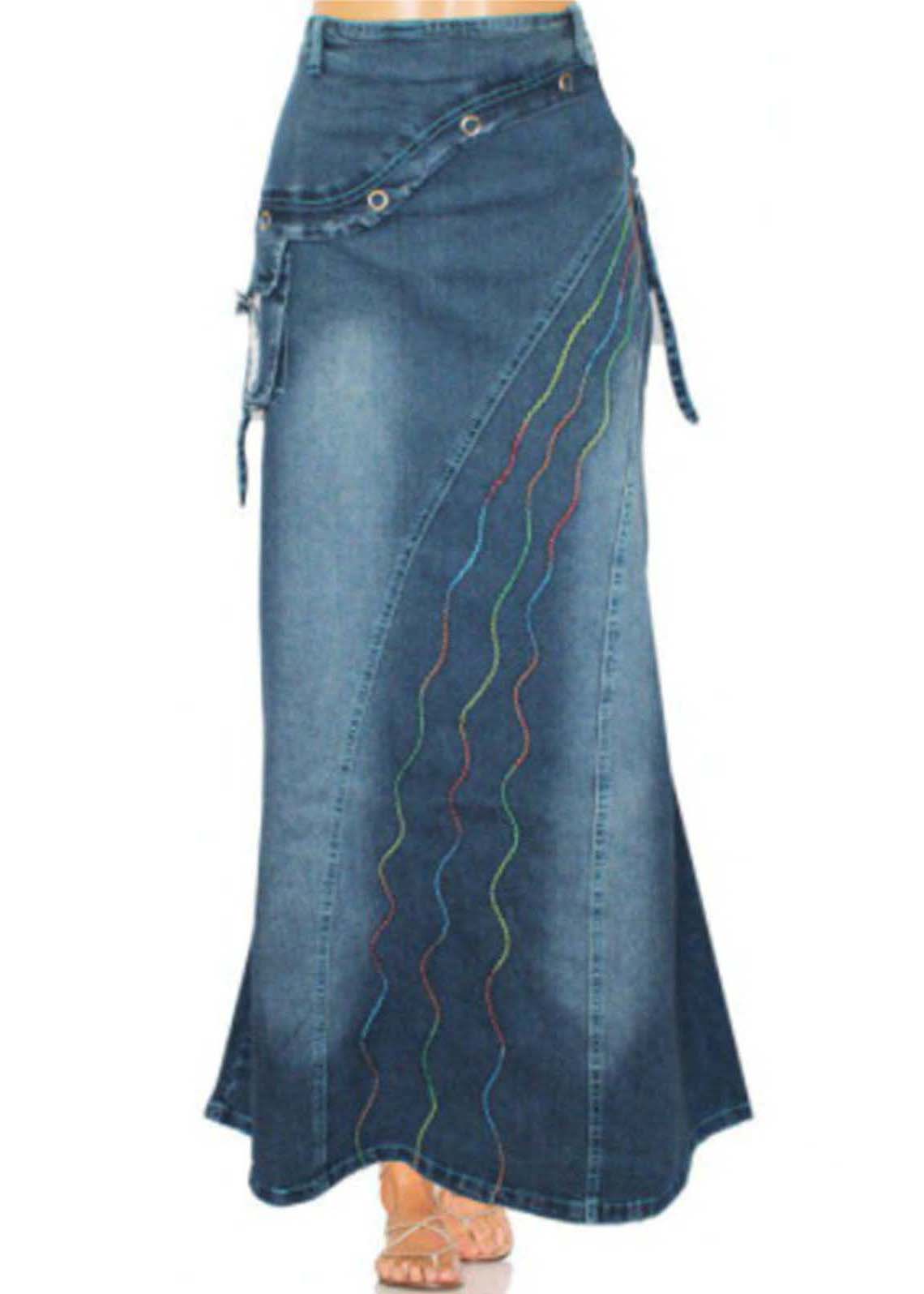 Blue Embroideried Patchwork Denim Skirts Summer