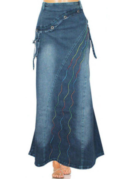 Blue Embroideried Patchwork Denim Skirts Summer