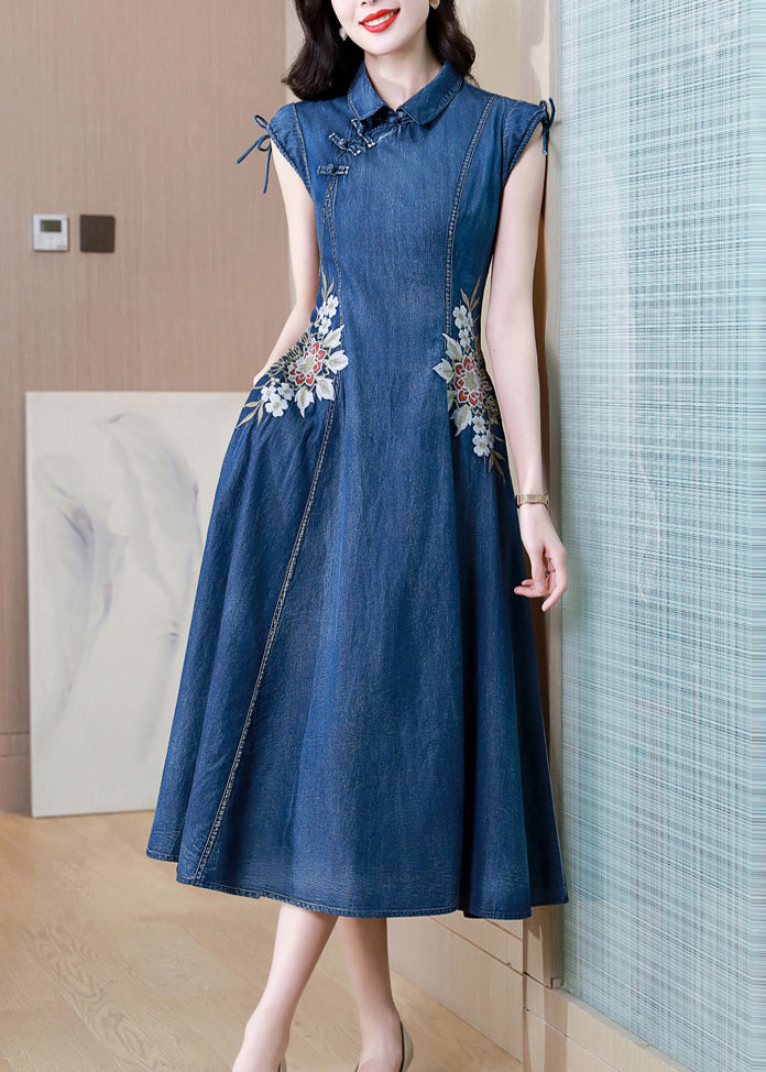 Blue Embroidered Pockets Patchwork Denim Dresses Summer
