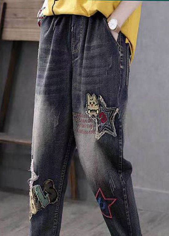 Blue Embroideried Pockets Patchwork High Waist Denim Pants Spring
