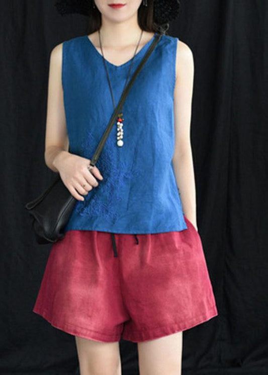 Blue Embroidered Sleeveless Linen Shirt Tops Summer