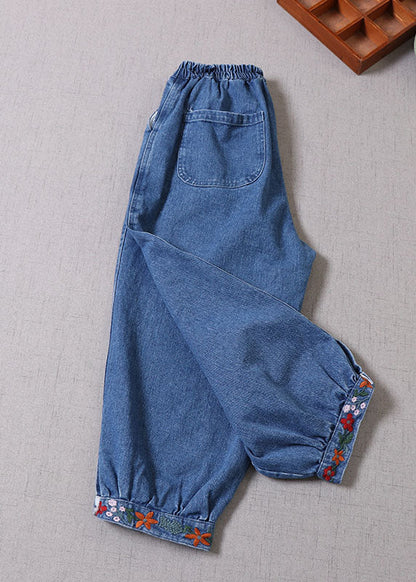 Blue Embroideried Denim Pants Spring
