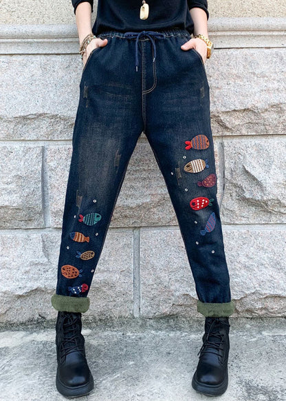 Blue Embroideried Elastic Waist Denim Pants Winter