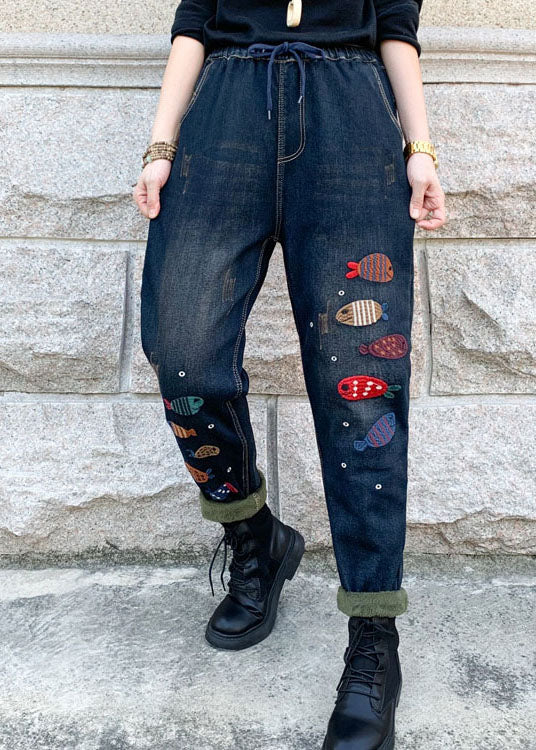 Blue Embroideried Elastic Waist Denim Pants Winter