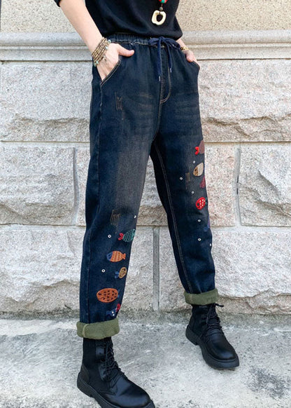 Blue Embroideried Elastic Waist Denim Pants Winter