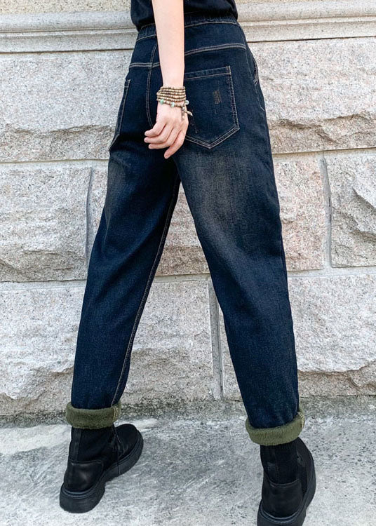 Blue Embroideried Elastic Waist Denim Pants Winter