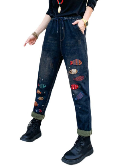 Blue Embroideried Elastic Waist Denim Pants Winter