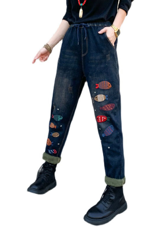 Blue Embroideried Elastic Waist Denim Pants Winter