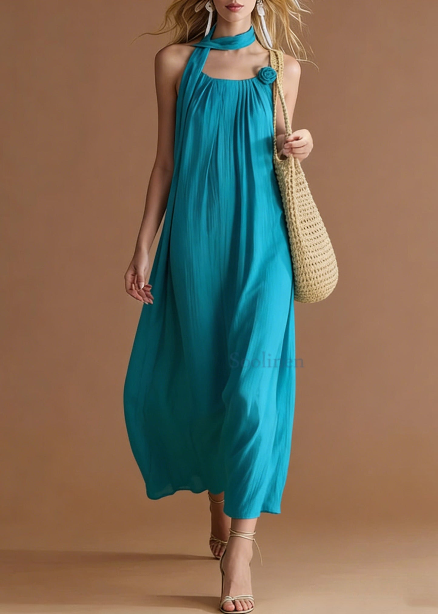 Blue Decorated Cotton Cami Dress Summer