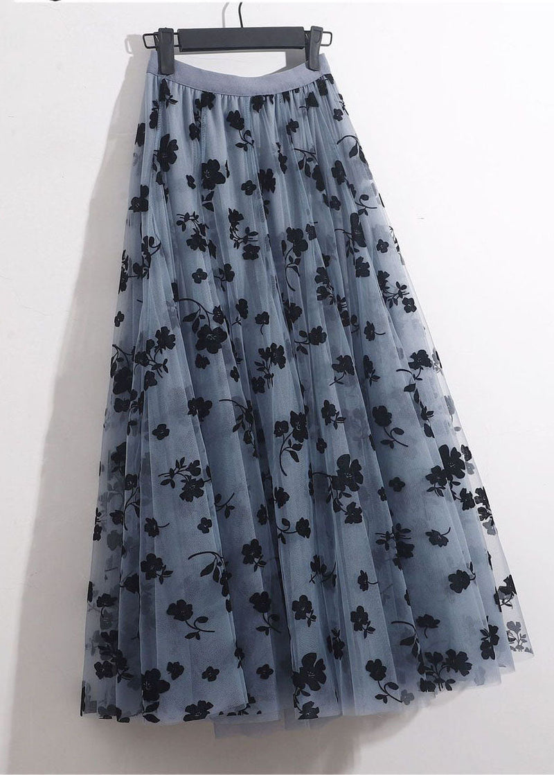 Blue Grey Elastic Waist Print Tulle a Line Skirts Spring