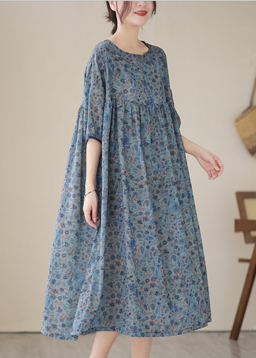 Blue Grey Oversized Print Linen Maxi Dresses Summer