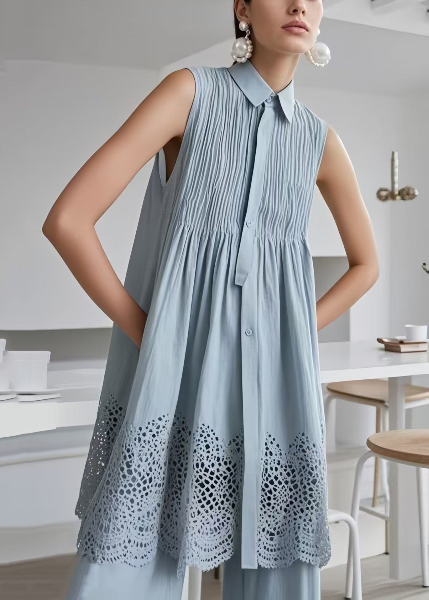 Blue Hollow Out Wrinkled Cotton Tea Dress Sleeveless